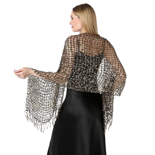A shimmering black beaded 1920s sequin fringed evening shawl with delicate mesh design and dangling fringe