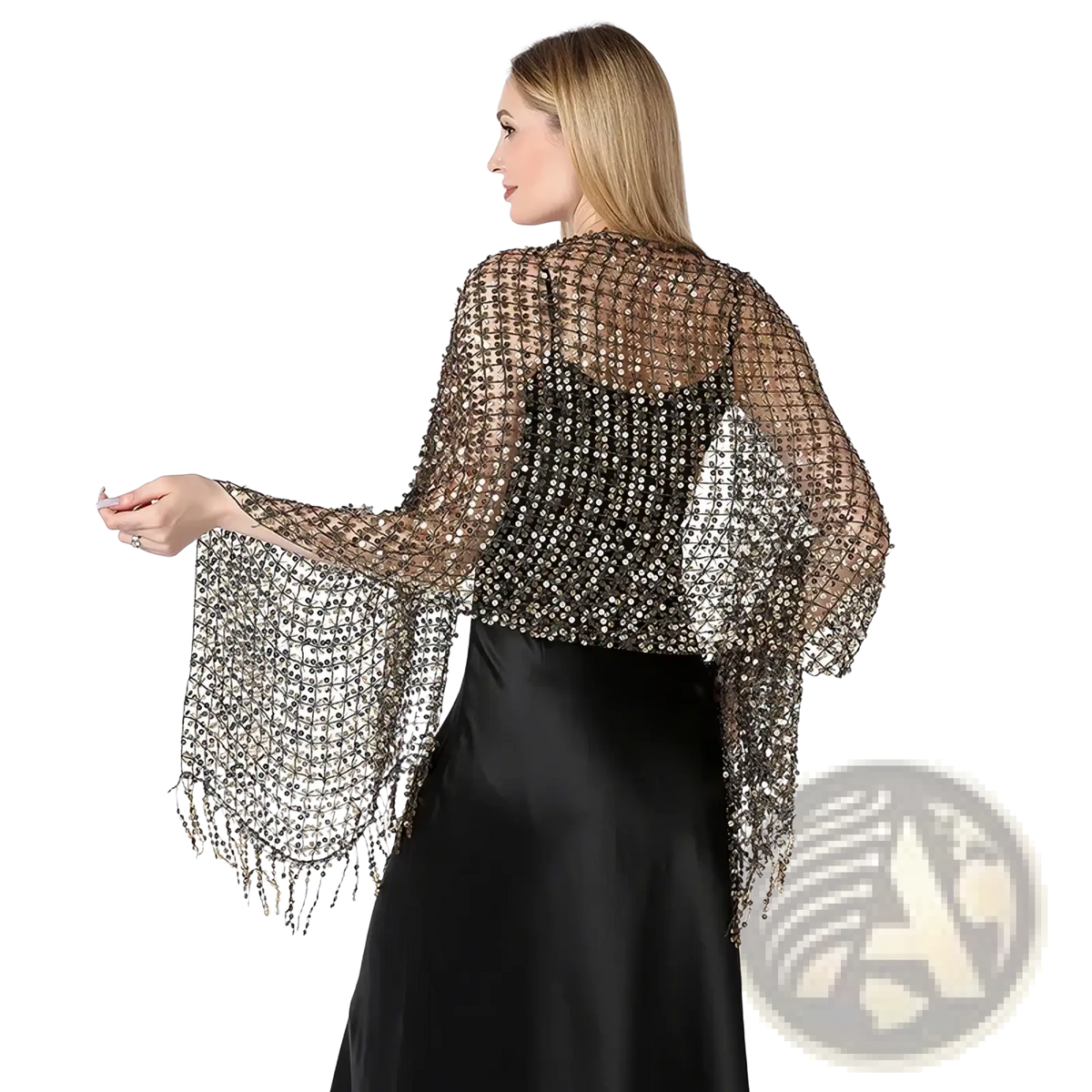 A shimmering black beaded 1920s sequin fringed evening shawl with delicate mesh design and dangling fringe