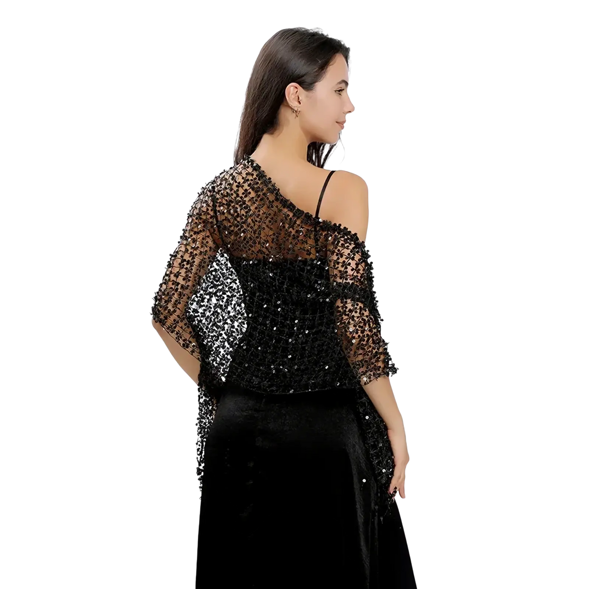 Black sequined sheer cape with bold sparkling design featured as a 1920s sequin fringed evening shawl