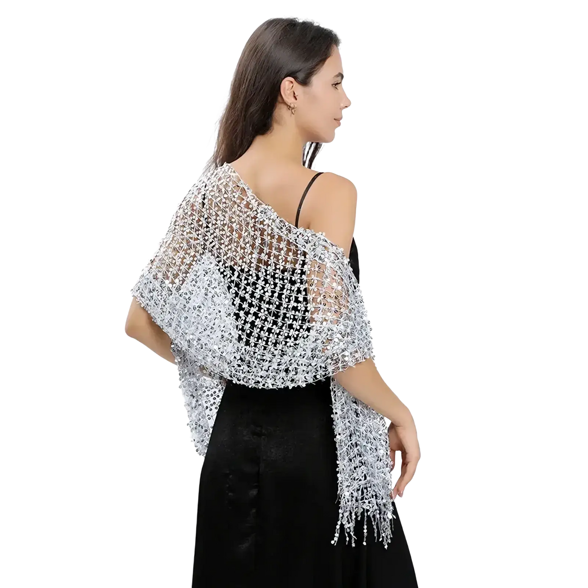 A delicate silver-beaded 1920s fringed evening shawl with intricate openwork pattern and fringed edges