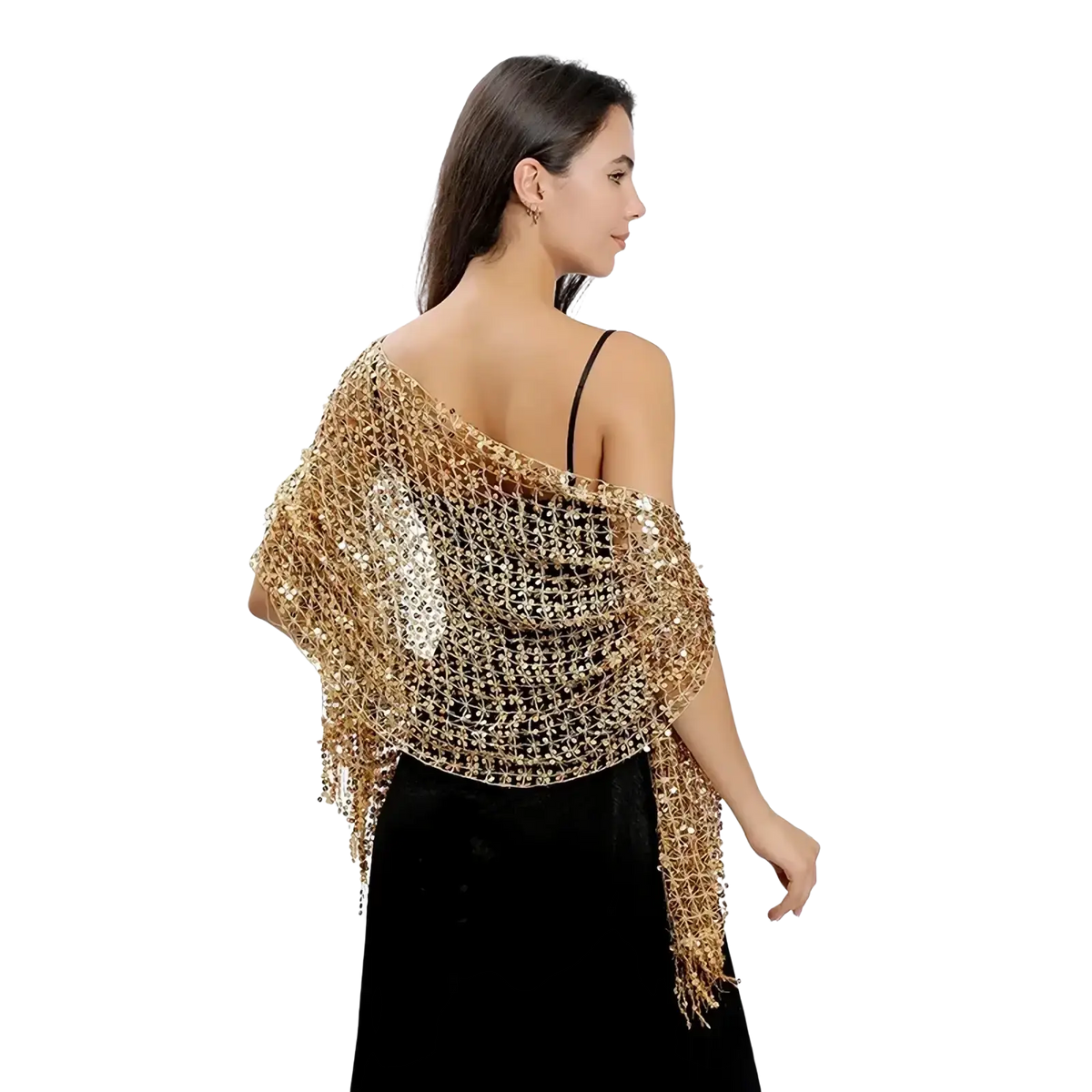 A shimmering gold sequined evening shawl with an open-knit pattern and fringed edges for elegant evening wear