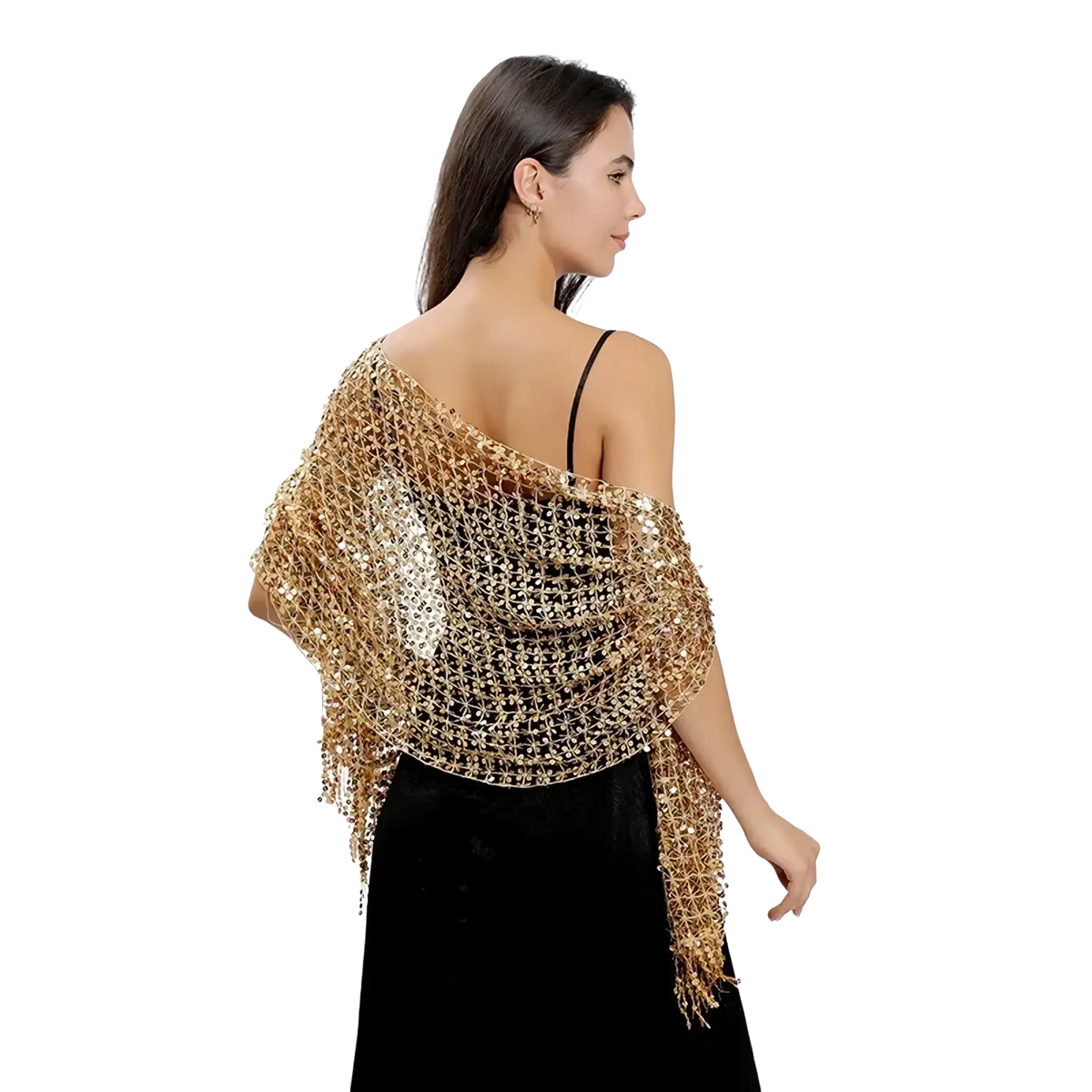A shimmering gold sequined 1920s evening shawl with delicate open-knit design and fringe detailing