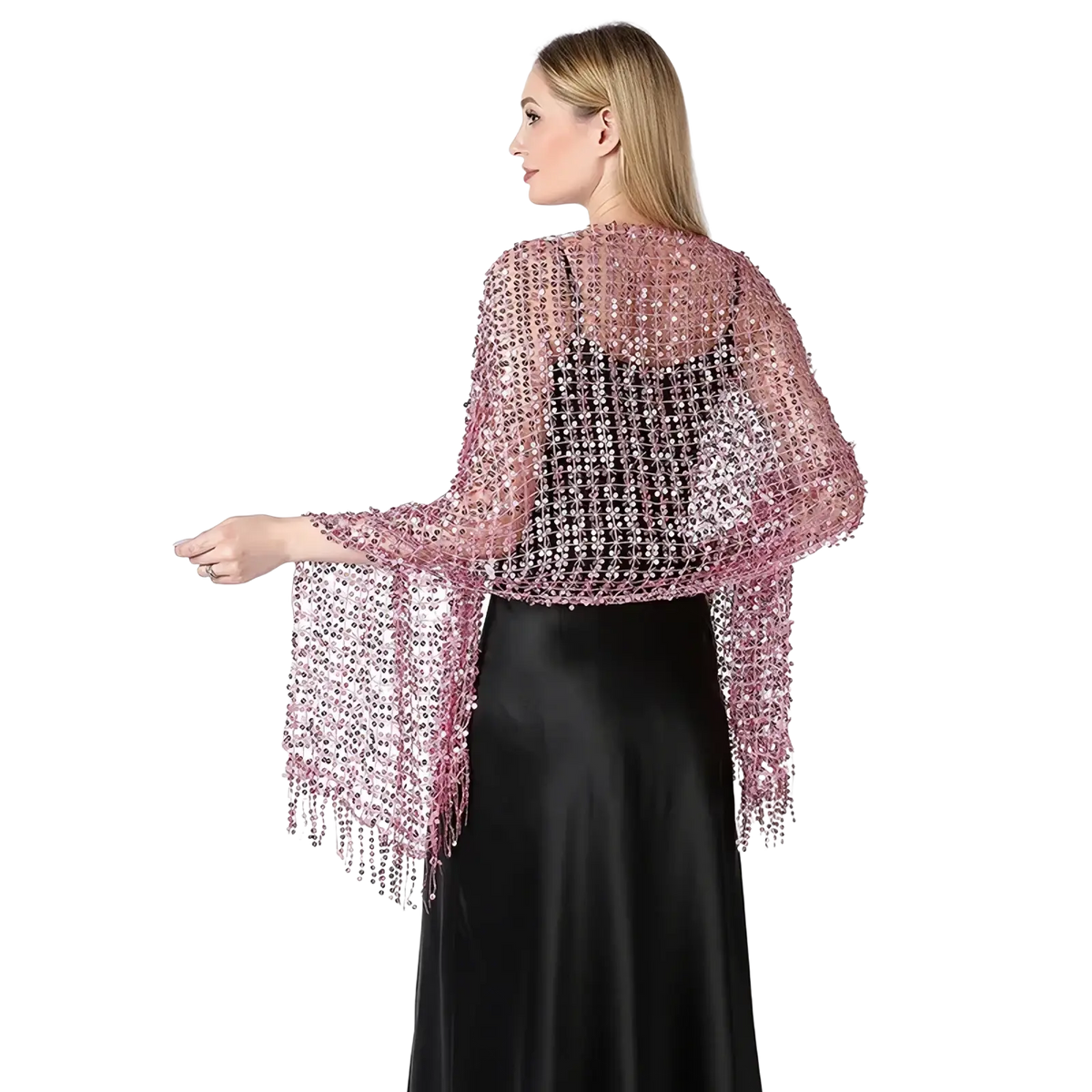 A shimmering pink sequined mesh evening shawl with delicate fringe for 1920s flapper style events