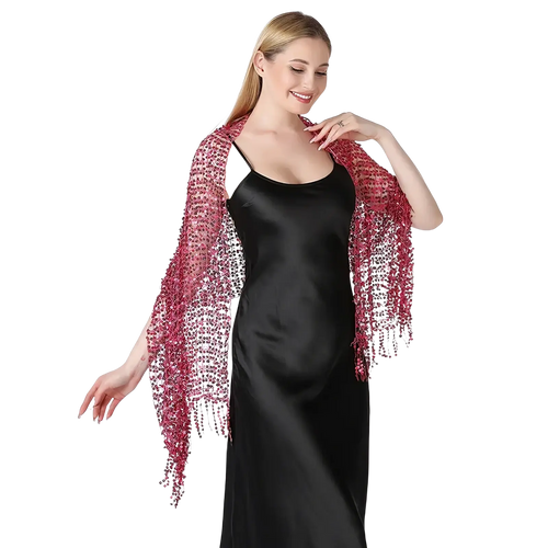 A shimmering pink and silver beaded 1920s sequin fringed evening shawl with cascading fringe