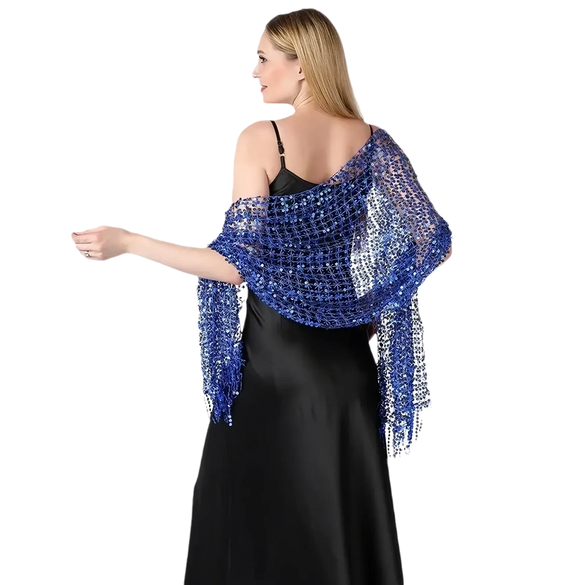 A shimmering royal blue sequined evening shawl with delicate mesh design and dangling fringe from the 1920s era