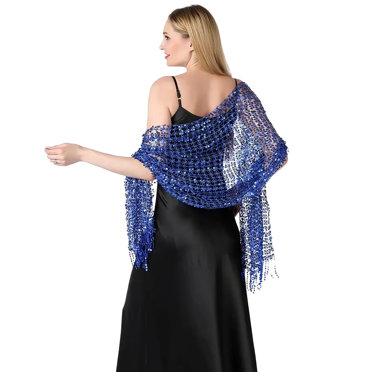 A shimmering royal blue sequined evening shawl with delicate mesh design and dangling fringe from the 1920s style
