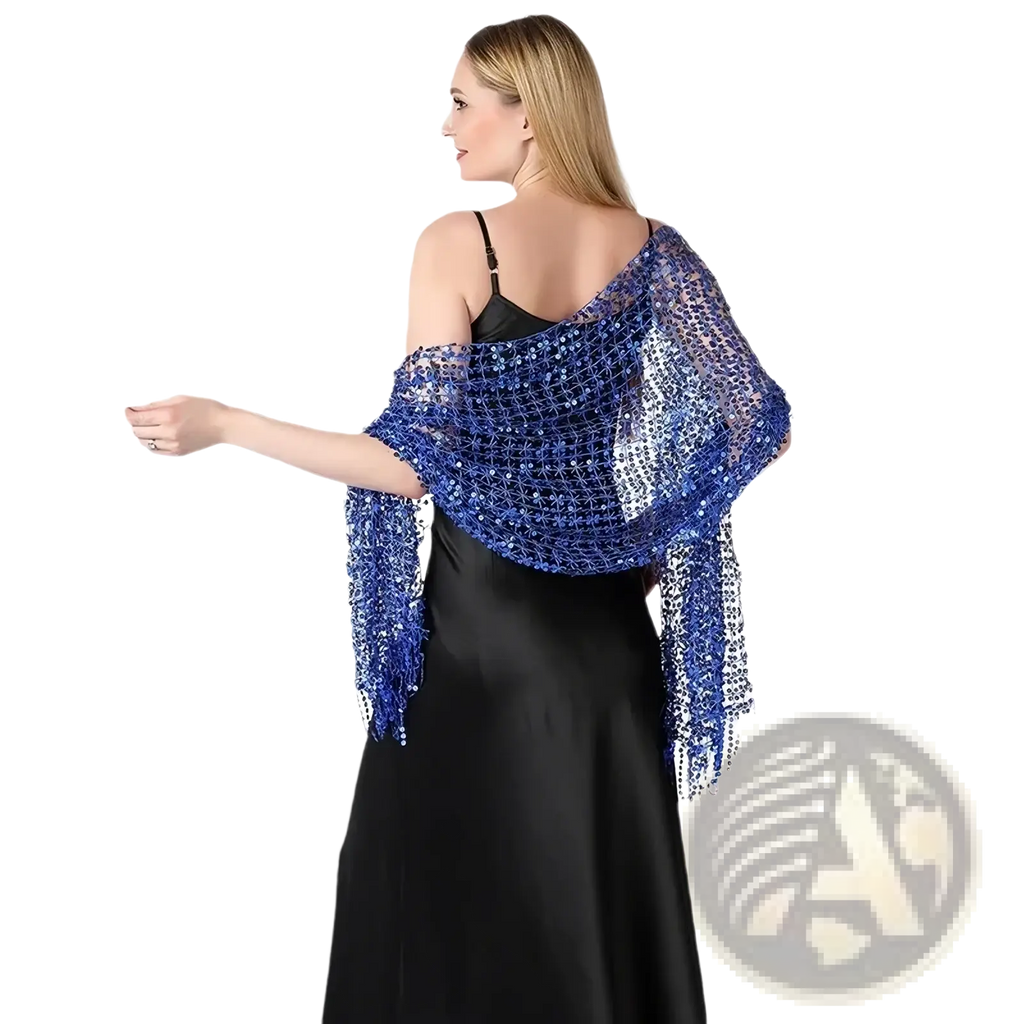 A shimmering royal blue sequined evening shawl with delicate mesh design and dangling fringe from the 1920s era