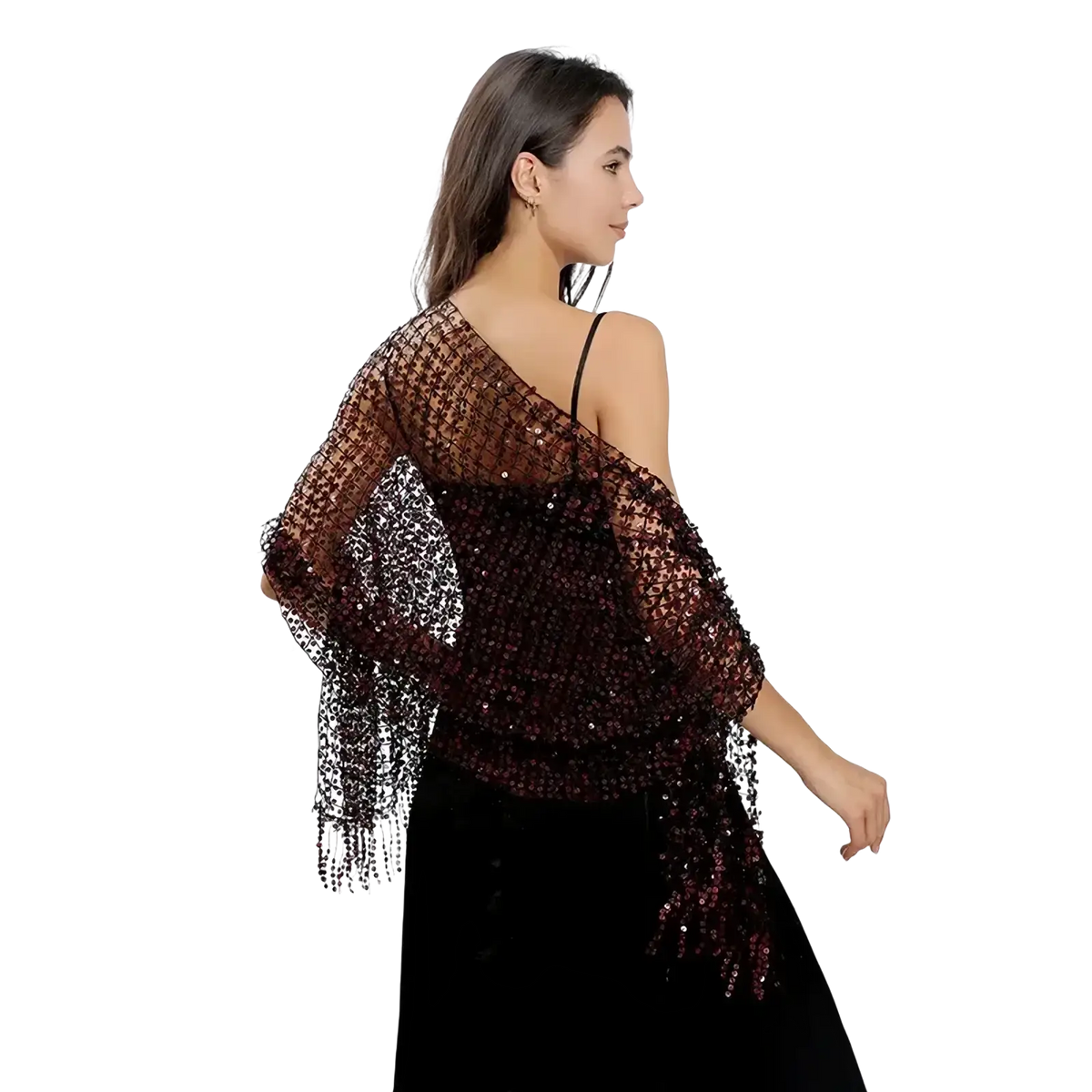 A deep burgundy and silver sequined one-shoulder fringed evening shawl with shimmering fringe detailing