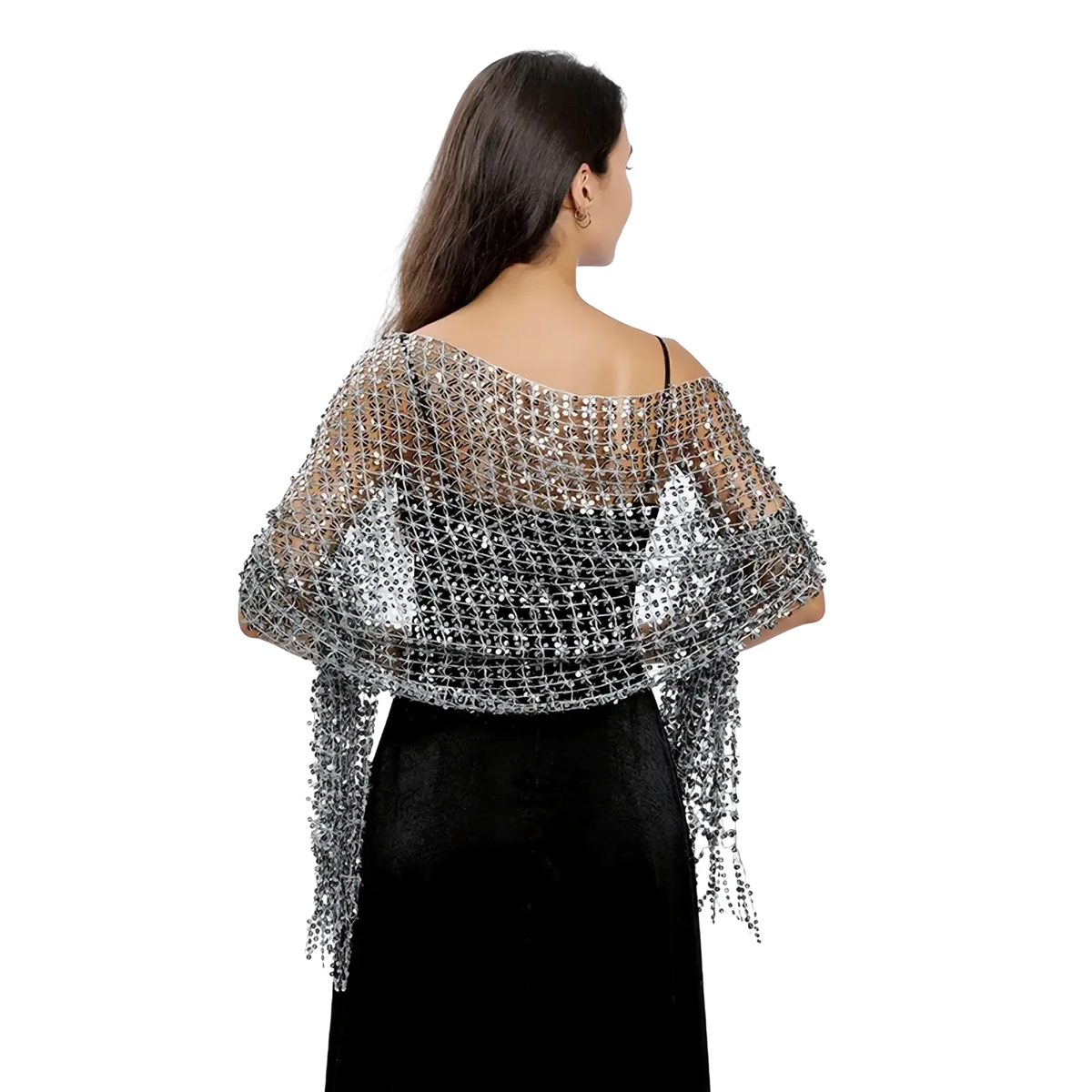Silver sequined 1920s evening shawl with mesh design and dangling fringe for elegant formal occasions