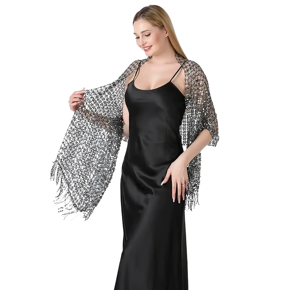 Shimmering silver sequined evening shawl with fringe detailing inspired by 1920s fashion for formal occasions