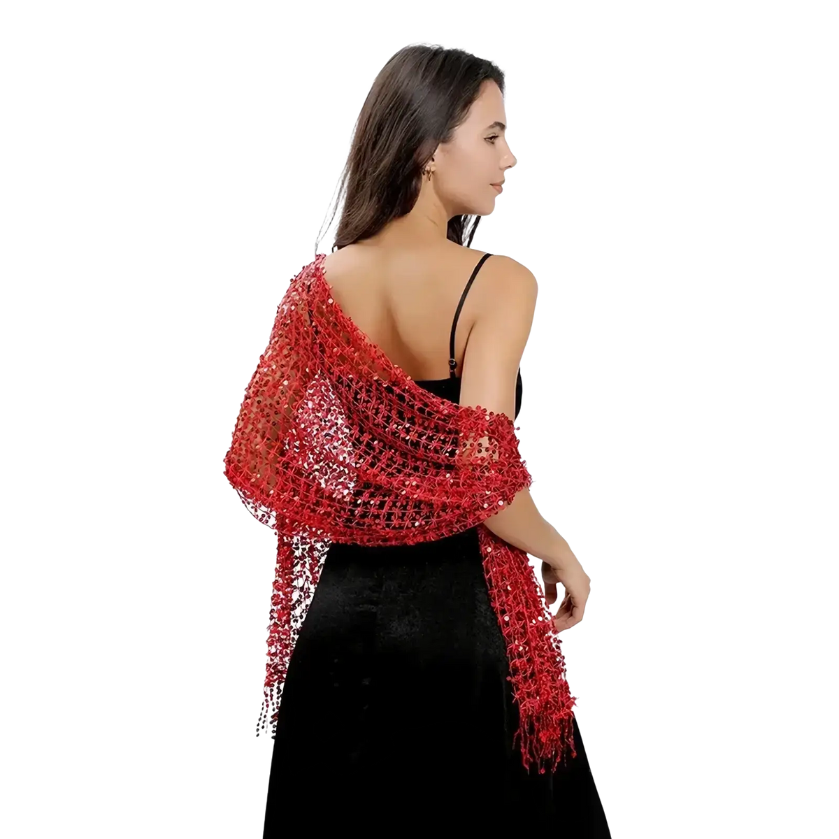 A vibrant red 1920s fringed evening shawl with intricate crochet and shimmering texture for elegant wear