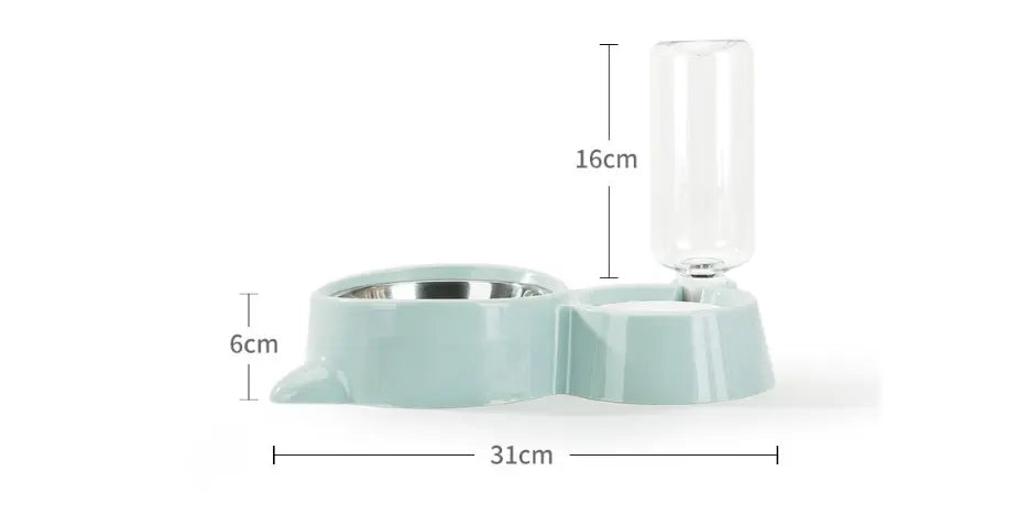 Light blue plastic dog bowl automatic water dispenser with a stainless steel pet feeder bowl and clear glass water bottle.