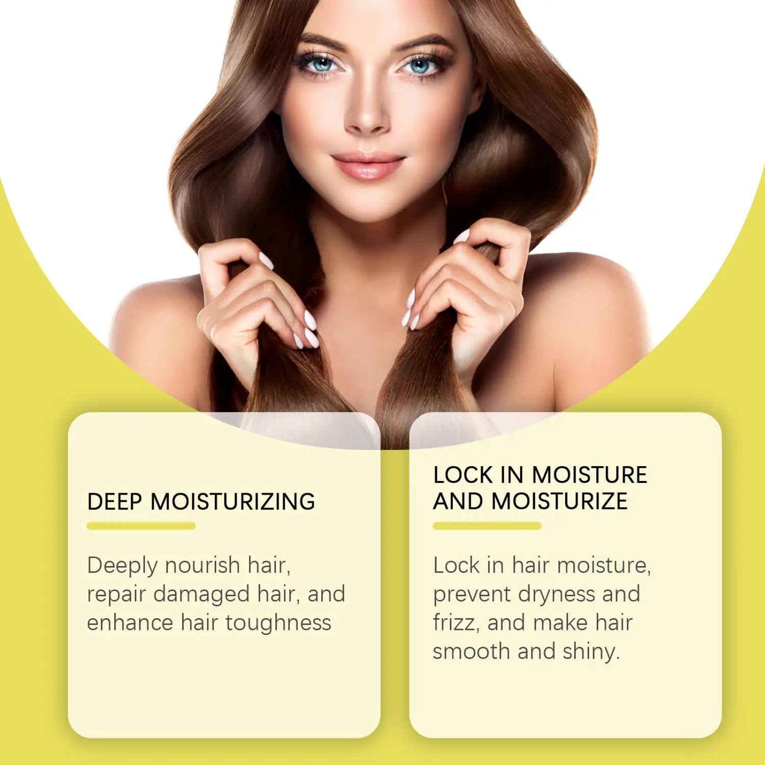 Una mujer con cabello castaño largo y ondulado y ojos azules utiliza cápsulas de aceite para el cabello con extracto de ginseng y miel para un tratamiento nutritivo.