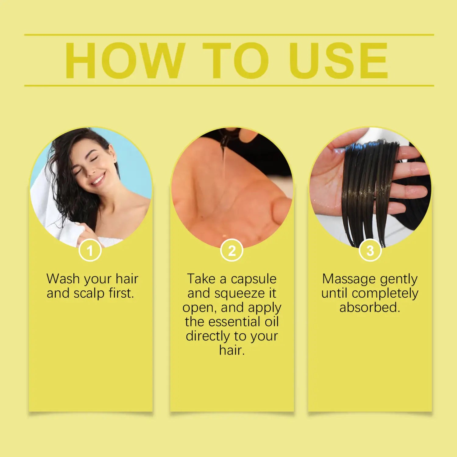 La imagen muestra una guía paso a paso para usar cápsulas de aceite para el cabello con extracto de ginseng y miel, mostrando el lavado del cuero cabelludo y el cabello, la apertura de una cápsula para aplicar el aceite y el masaje hasta que se absorba.