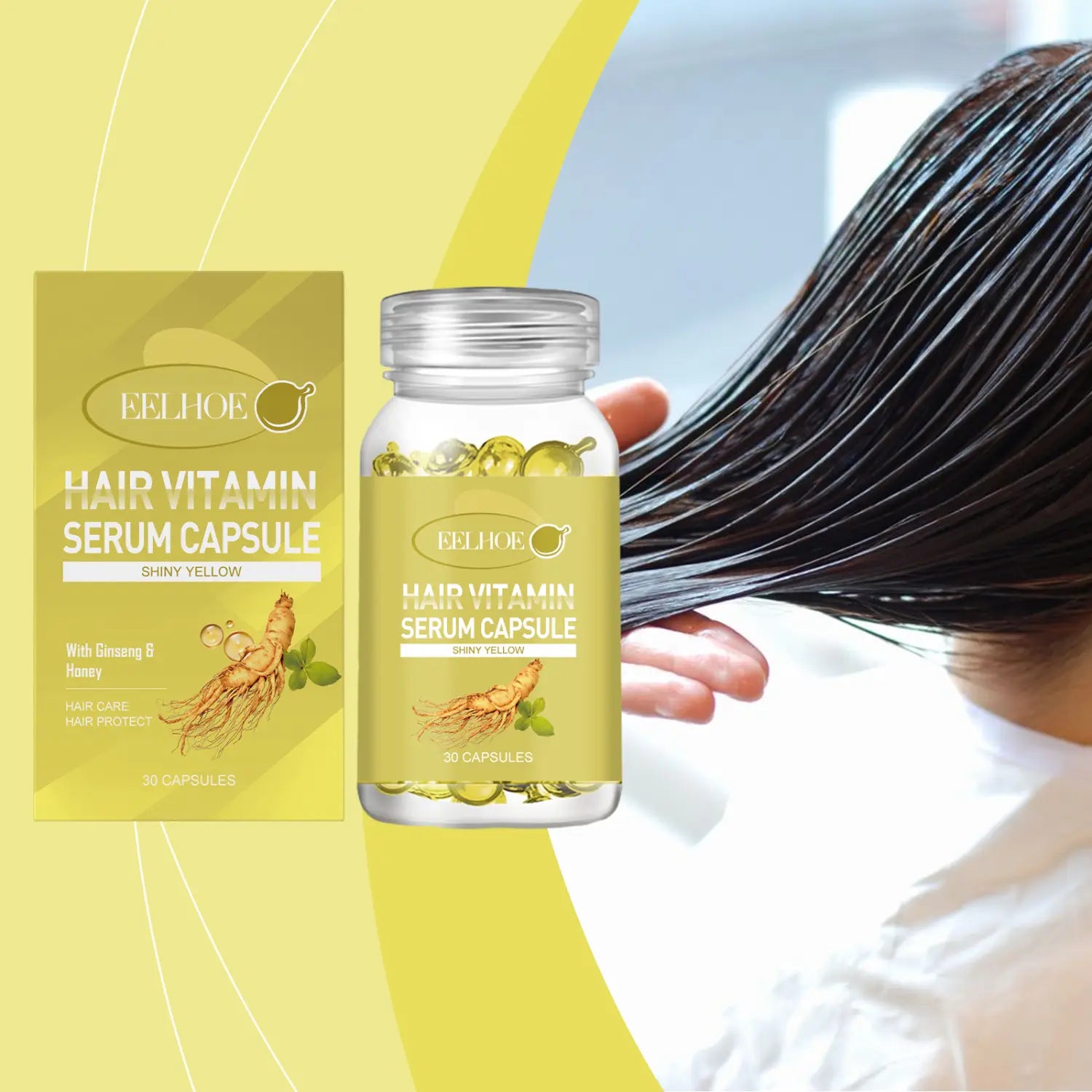Un frasco de vidrio transparente con tapa plateada que contiene 30 cápsulas dorado-amarillentas de suero vitamínico para el cabello eelhoe, rotuladas como amarillo brillante en una etiqueta verde claro, dentro del producto de cápsulas de aceite para el cabello con extracto de ginseng y miel.
