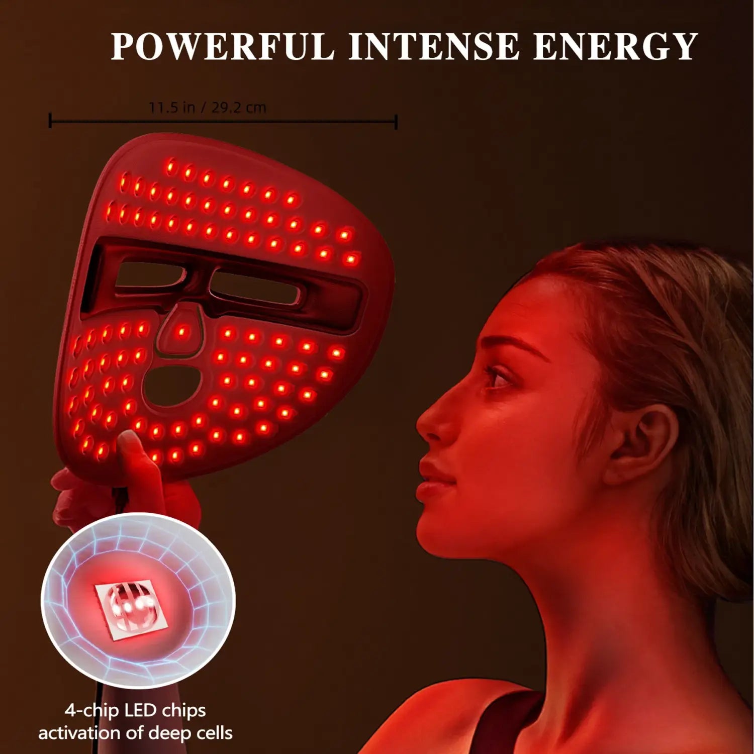 Red led facial mask featuring a grid of illuminated lights with cutouts for eyes nose and mouth used for wireless red light therapy.