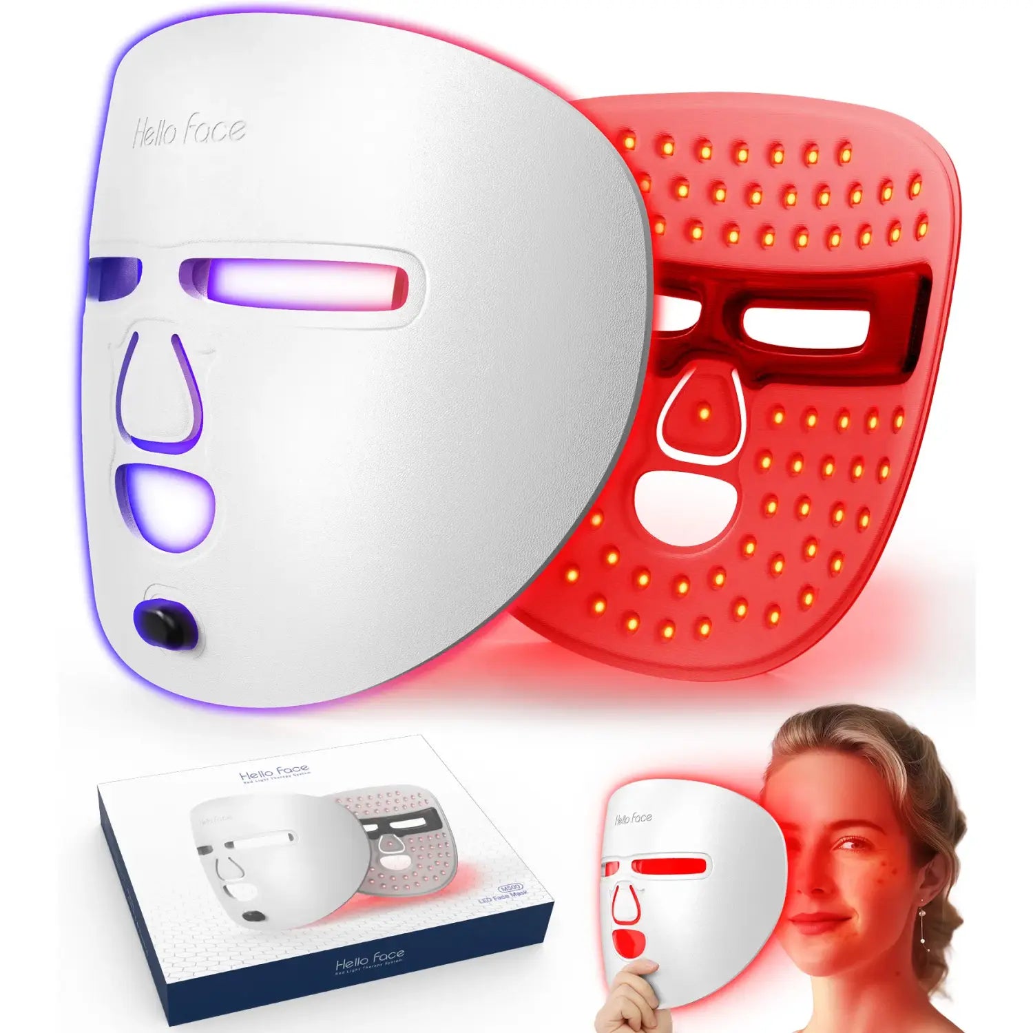 3-in-1 wireless led red light therapy facial mask in white and red with illuminated light therapy panels for skin treatment.