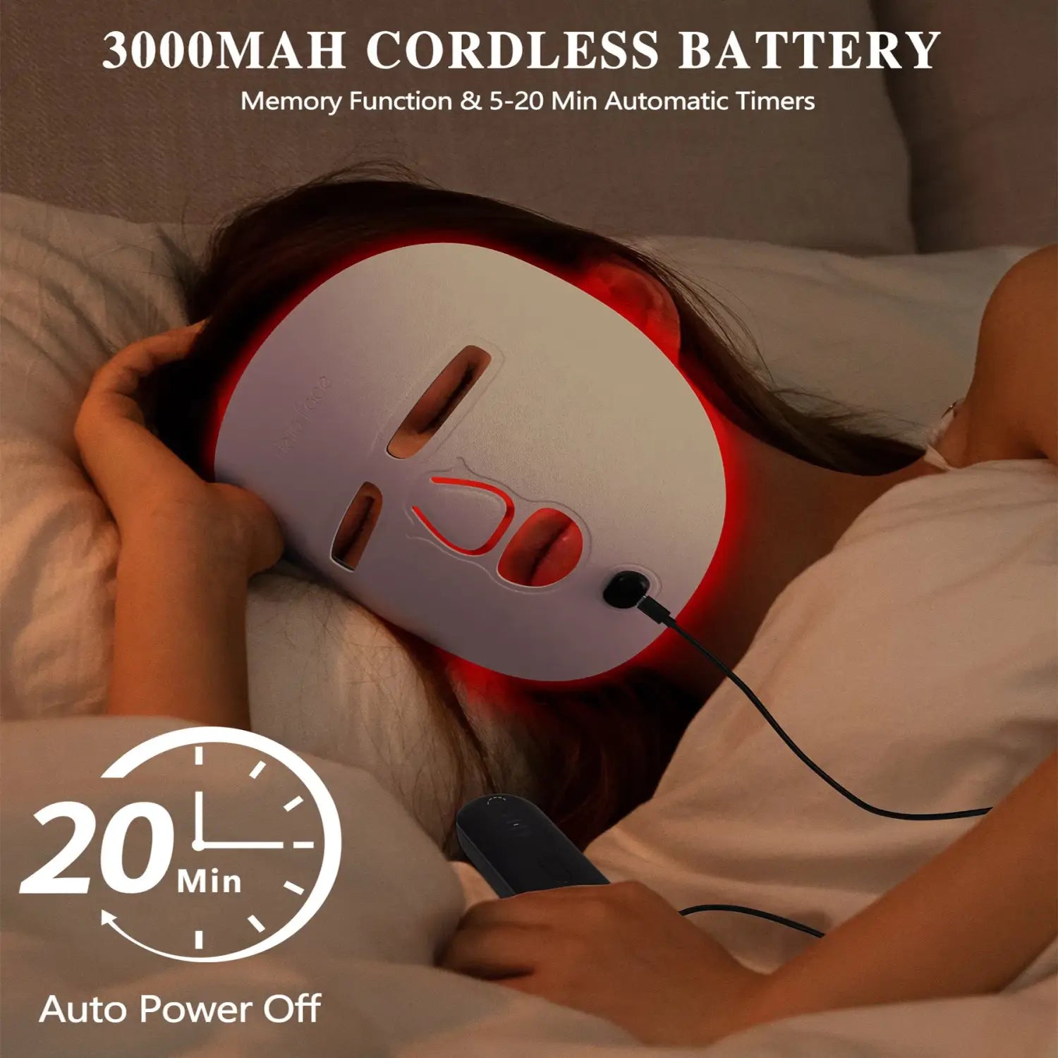 white led 3-in-1 wireless facial mask with red light therapy featuring cutouts for eyes and mouth for skin treatment