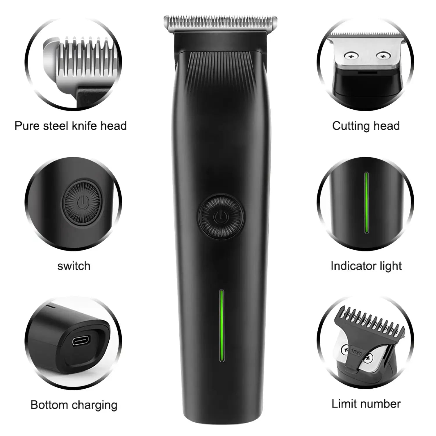 Schwarzer elektrischer Bartschneider 3-in-1 Herren-Haarschneide-Set zur Pflege mit schlankem, strukturiertem Gehäuse und metallischem Schneidkopf.