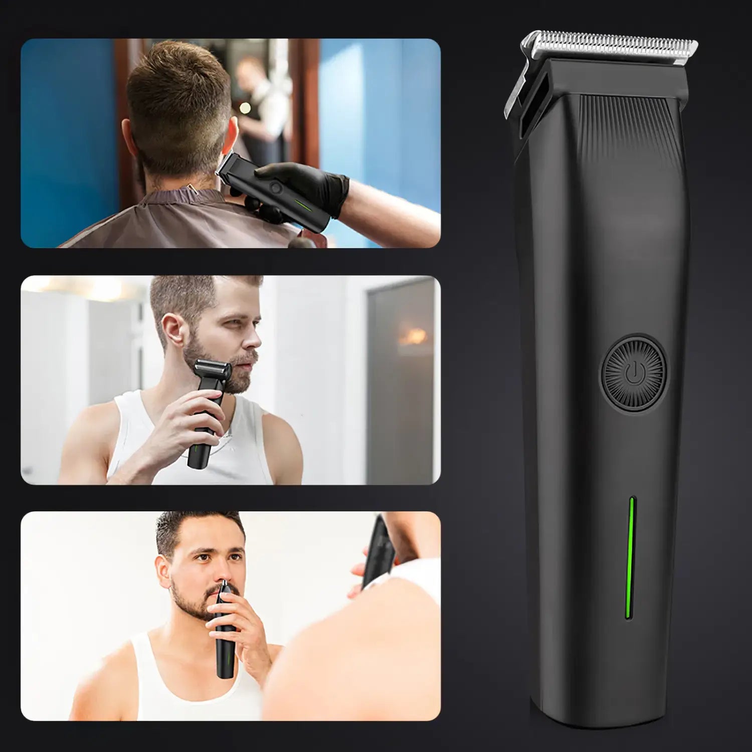 Schwarzer kabelloser elektrischer Bartschneider 3-in-1 Herren-Haarschneide-Set zur Pflege mit schlankem, ergonomischem Design und grünem Anzeige-Leuchtlicht.