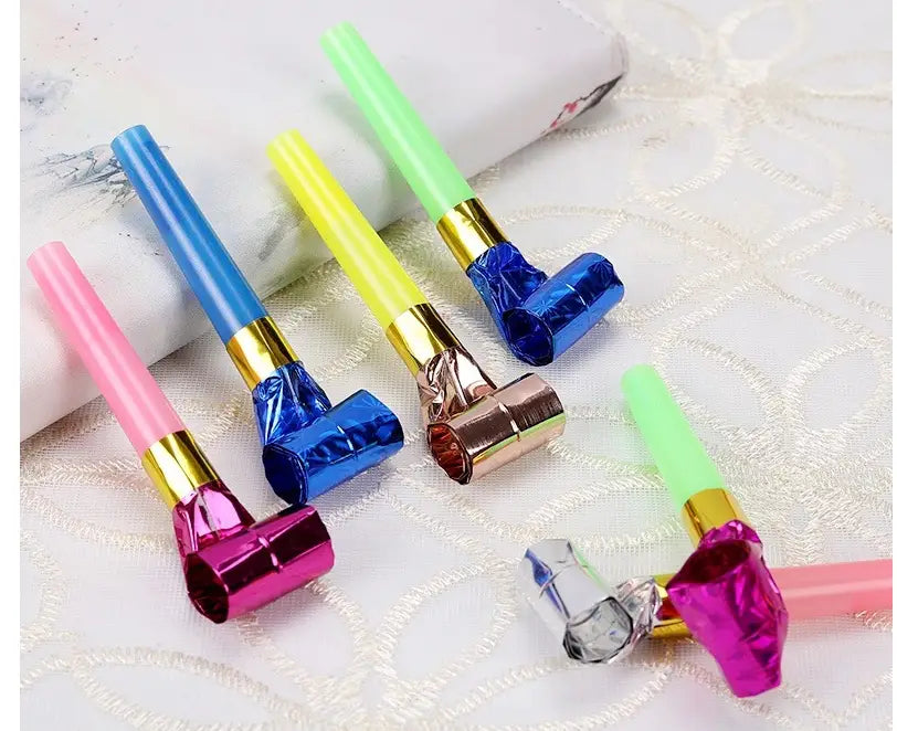 A set of colorful party blower noisemakers for kids birthdays featuring shiny metallic accents and plastic handles in pink, blue, yellow, green, rose gold, silver, and purple, 10 pack.