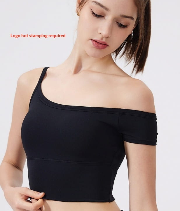 Schwarzes Schulterfreies Crop-Top mit dünnen Trägern aus formgebendem, dehnbarem Material, entworfen als schockfeste asymmetrische Sport-Yoga-Weste.