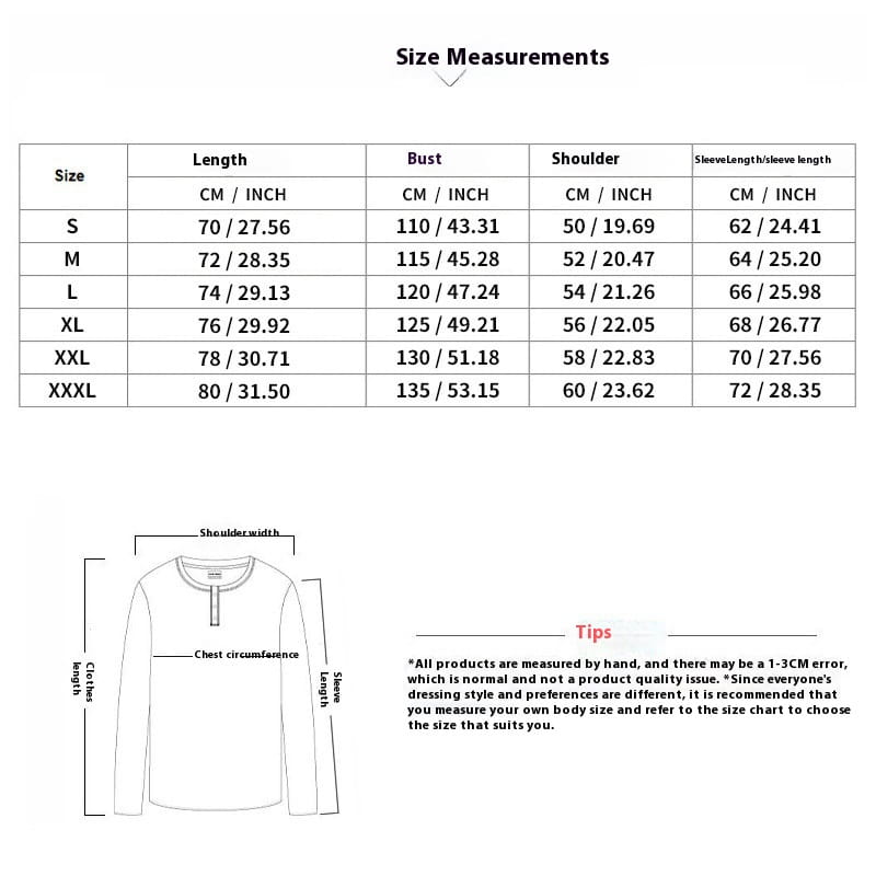 The size chart for the slim fit corduroy patchwork pullover with contrast accents displays measurements in centimeters and inches for long-sleeved crew-neck tops in sizes s through xxxl.