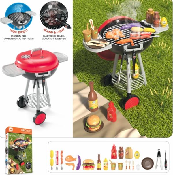 Red and black smoking barbecue grill toy with light and sound features, silver legs, wheels, and side shelves.