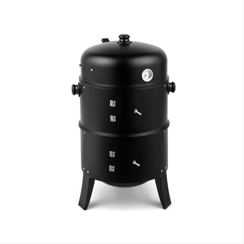 Schwarzer zylindrischer zweistufiger tragbarer Grill aus Eisen für Holzkohle-Räucherraucher mit eingebautem Thermometer, Druckmanometer und seitlichen Belüftungsöffnungen.
