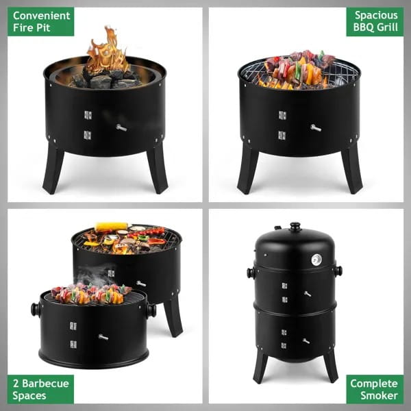 Schwarzer zylindrischer tragbarer Grill aus Eisen für Holzkohle-Räucherraucher mit rundem Grillrost, eingebautem Thermometer und vier robusten Beinen.
