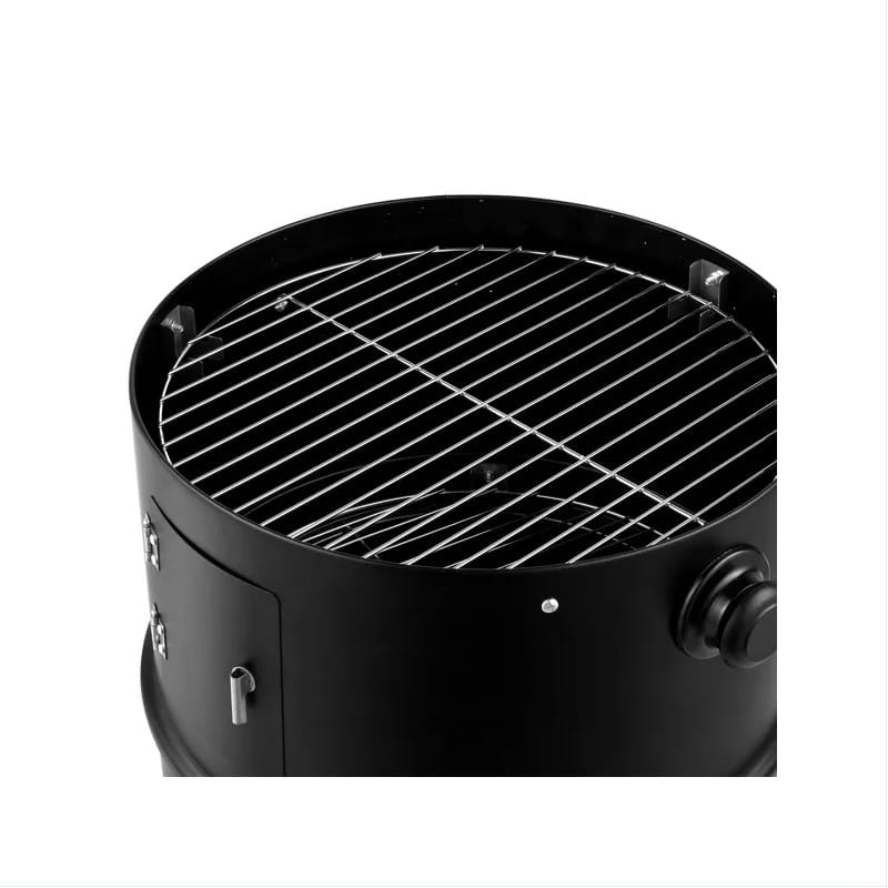 Schwarzer zylindrischer tragbarer Grill aus Eisen für Holzkohle-Räucherraucher mit silbernem Metall-Grillrost und eingebautem Thermometer.