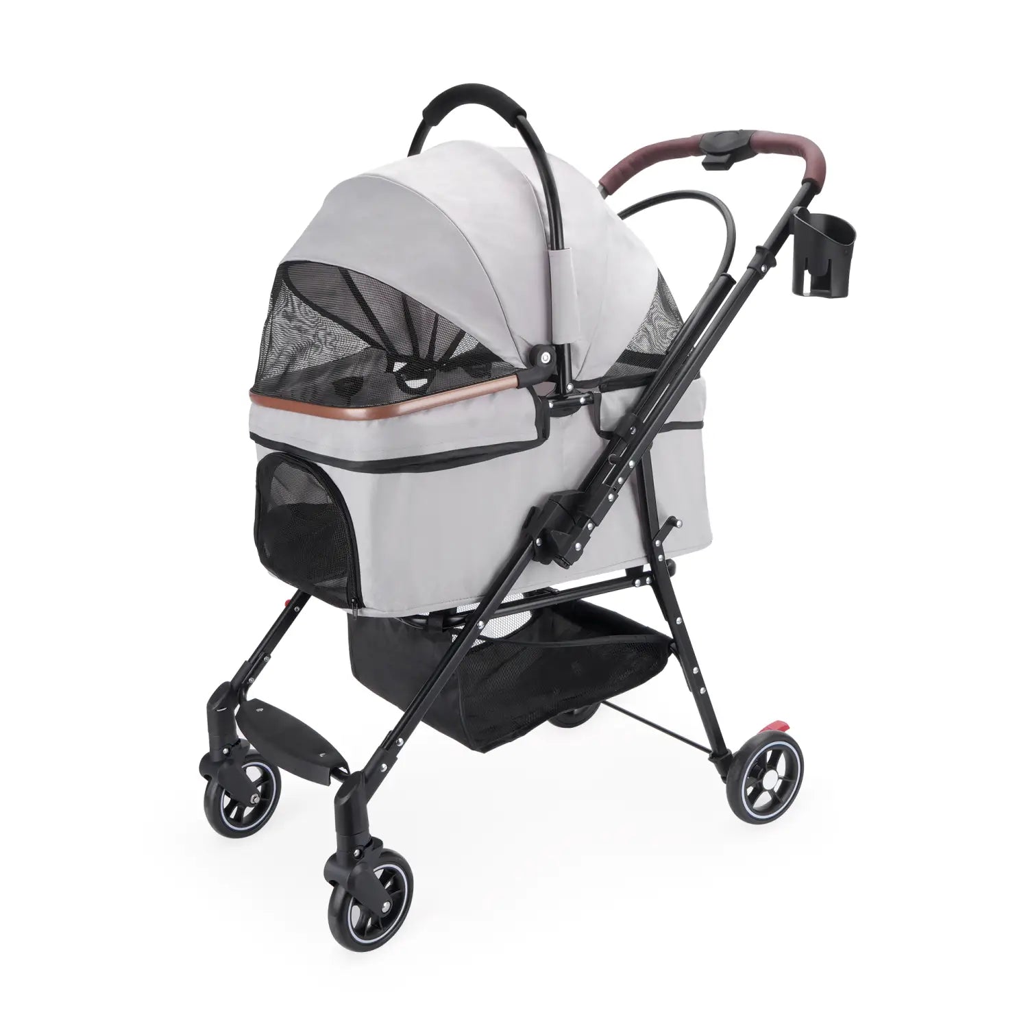 Foldable pet stroller for small dogs and cats with gray fabric, black frame, mesh sides, and rose gold trim accent.