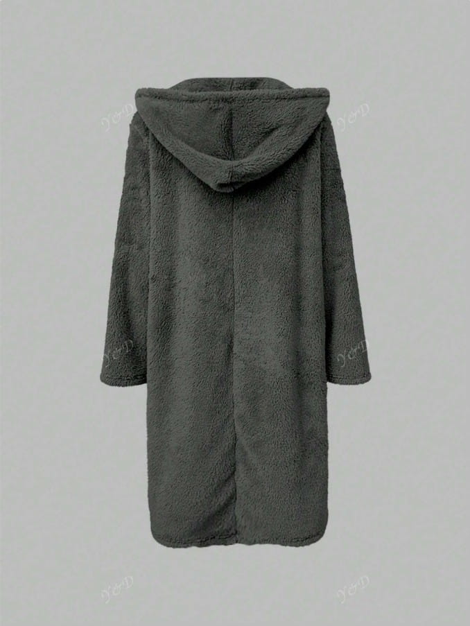 Dark gray plush faux fur hooded long coat with a cozy textured surface and long sleeves designed for warmth and style.