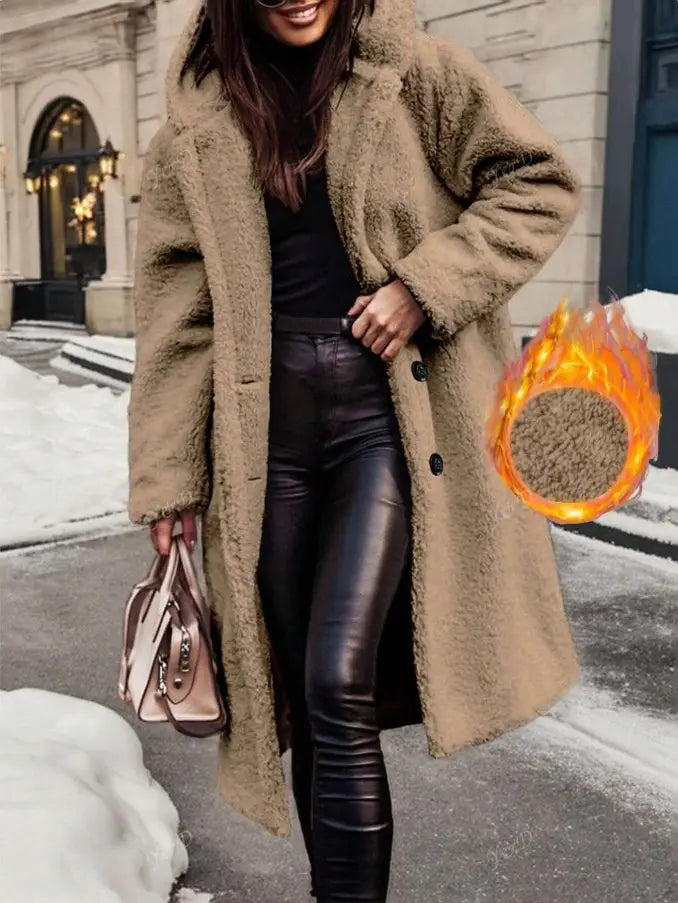 A cozy tan teddy bear coat featuring a plush fuzzy texture and a hood in faux fur hooded long coat olive green.