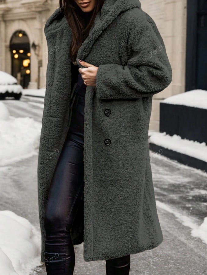 A cozy dark olive green faux fur hooded long coat with a plush teddy texture and a hood.