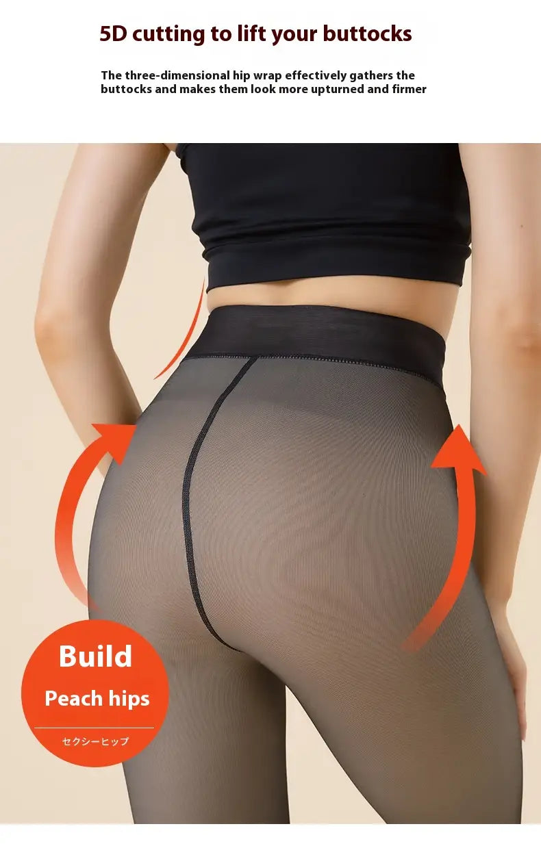Schwarze transparente, hoch taillierte, warme fleecegefütterte Strumpfhosen-Leggings mit dreidimensionalem Design zum Anheben und Straffen der Pobacken, wie von der Rückseite dargestellt.