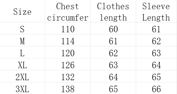 The table displays size measurements including chest circumference clothes length and sleeve length for a women’s hooded puffer jacket in sizes S through 3XL.
