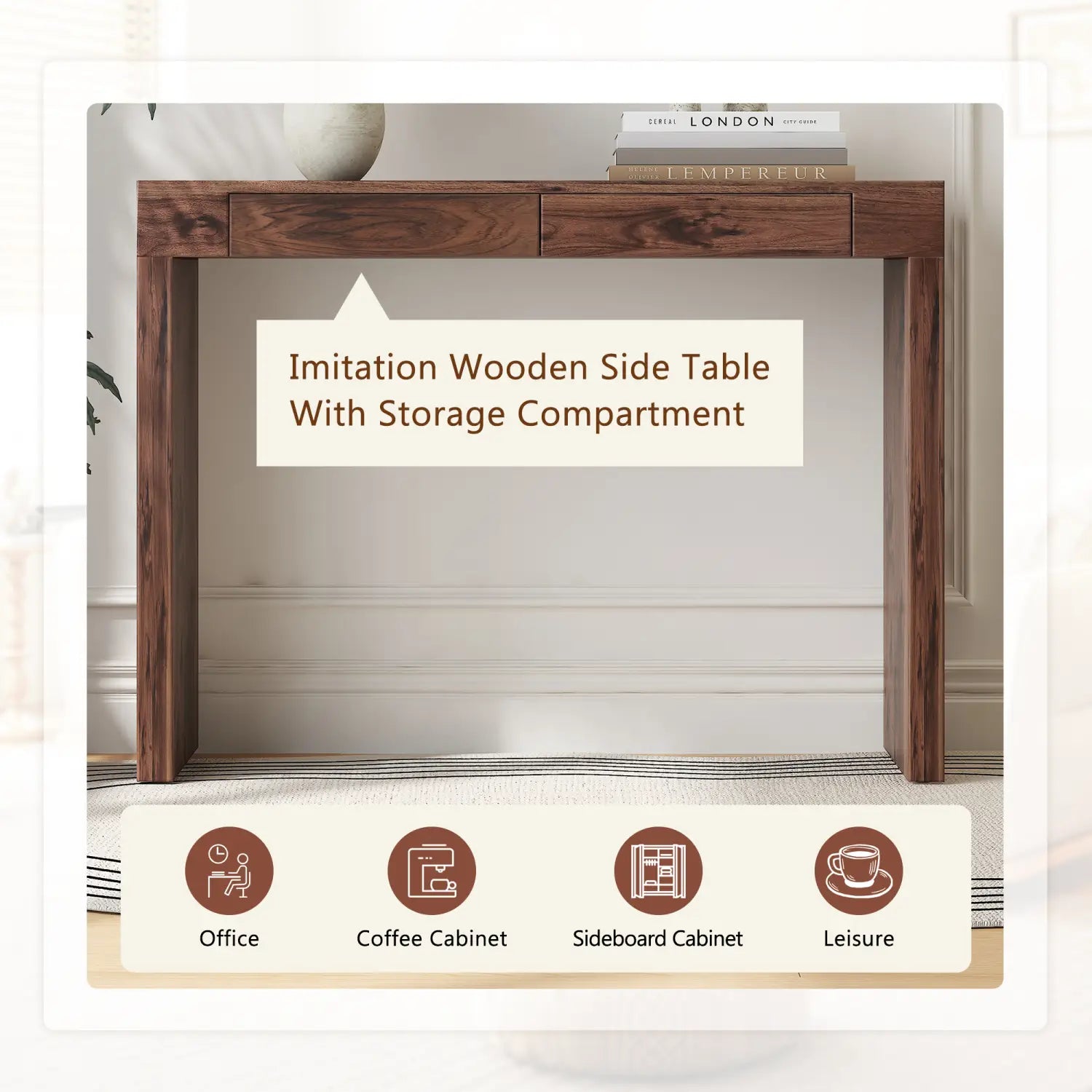 Walnut wood bar table with double drawers in dark brown imitation wood featuring two drawers and a storage compartment.