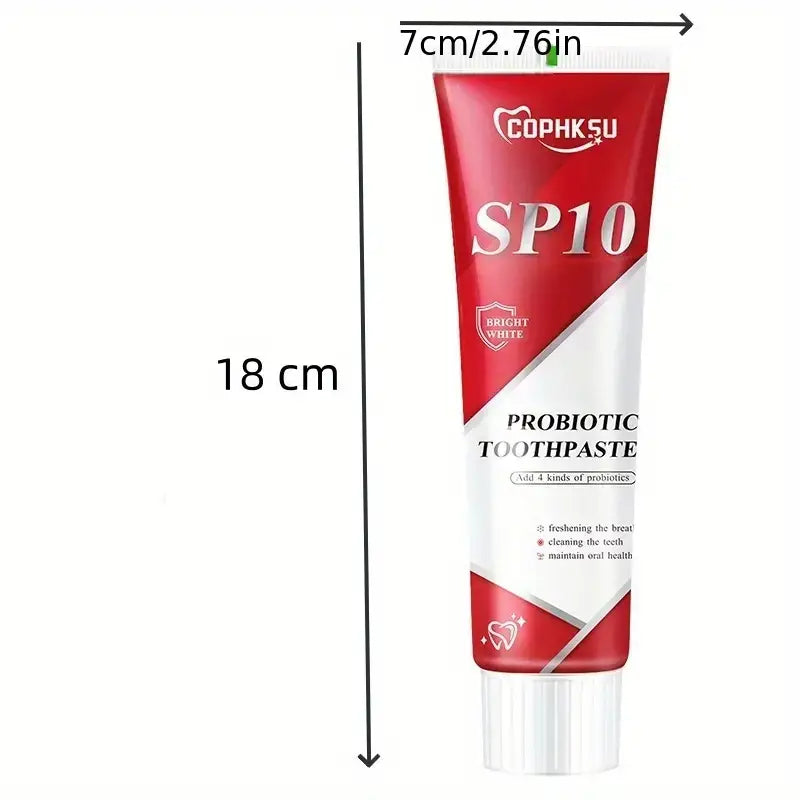 Red and white tube of Cophsu SP10 probiotic toothpaste with a silver cap designed for deep cleaning and fresh breath.