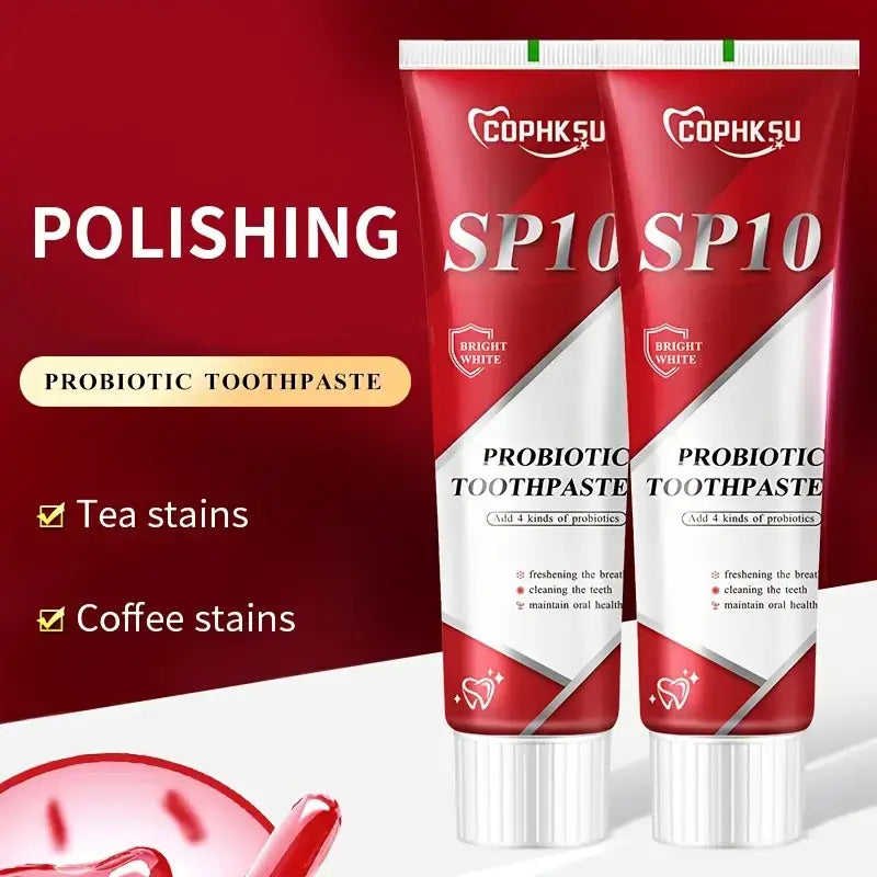 Red and white tube of Cophksu SP10 probiotic toothpaste with a glossy finish designed for deep cleaning and fresh breath.