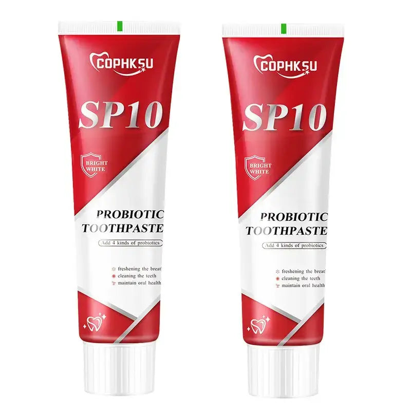 Two red and white tubes of Cophksu SP10 probiotic toothpaste for deep cleaning and fresh breath.