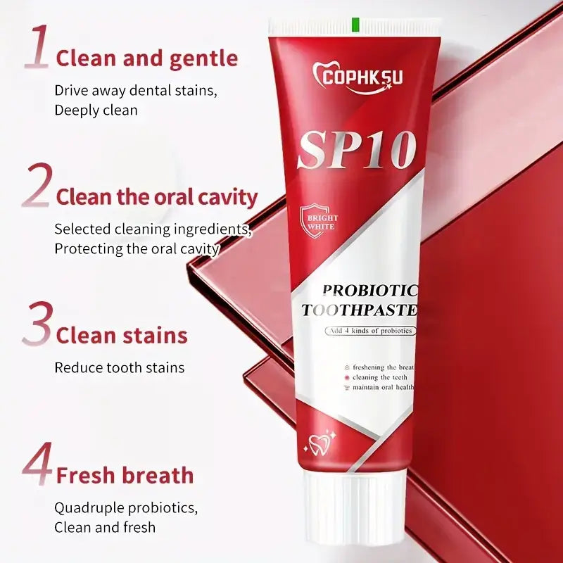 Red and white tube of cophksu sp10 probiotic toothpaste with a glossy finish for deep cleaning and fresh breath.