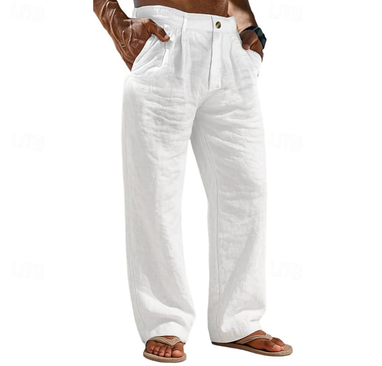 Pantalones de lino de algodón para hombre, color blanco, de ajuste holgado, con ajuste relajado y parte delantera plisada
