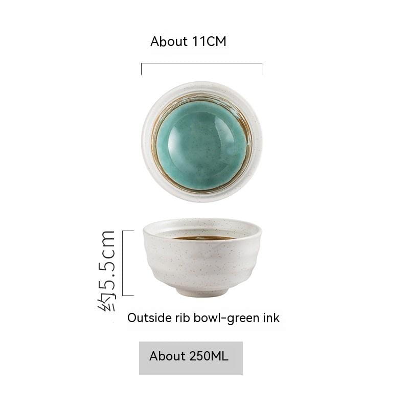 A ceramic bowl with a white speckled exterior and smooth teal green porcelain interior designed for retro style rice tableware measuring 4 inches.