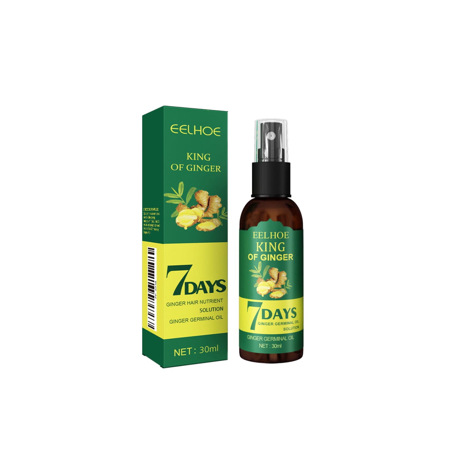 Eelhoe King of Ginger Haarwuchsspray 30 ml stärkendes Öl in einer dunklen bernsteinfarbenen Glas-Sprühflasche mit grüner und gelber Beschriftung.