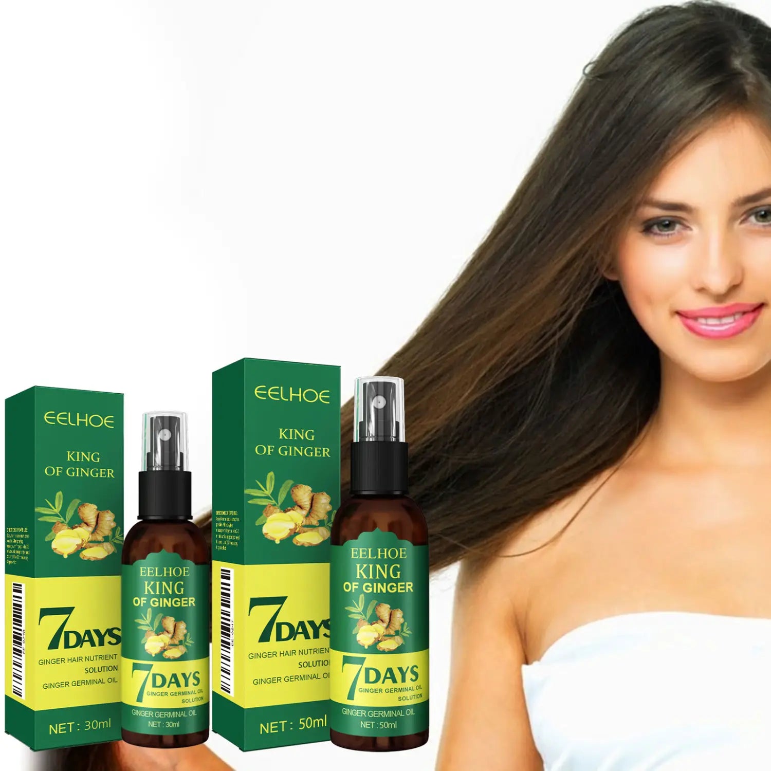 Eelhoe King of Ginger Haarwuchsspray 30 ml stärkendes Öl in bernsteinfarbenen Glas-Sprühflaschen mit grünen und gelben Etiketten.