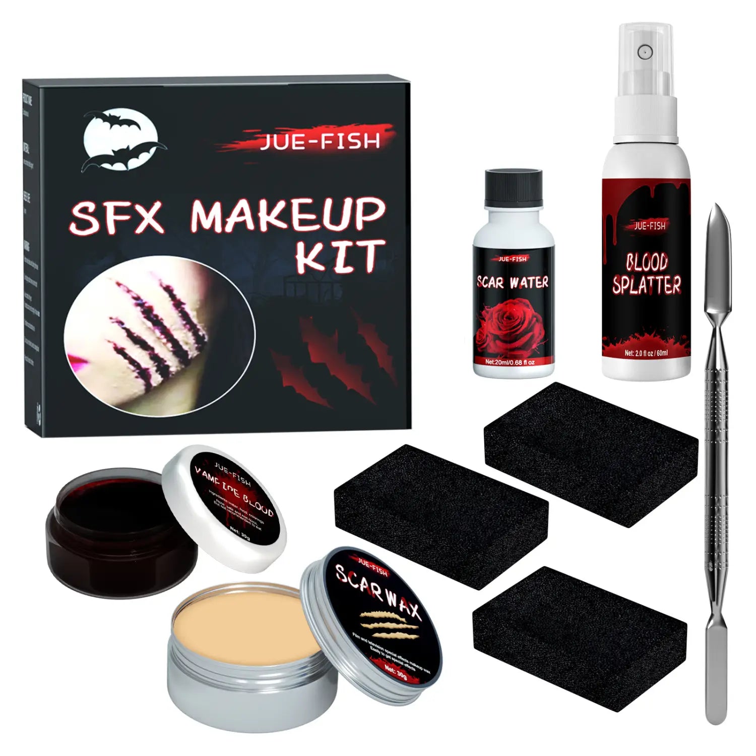 Jue-fish sfx Halloween makeup kit featuring black and red scar wax fake blood spray and scratch makeup for realistic special effects.