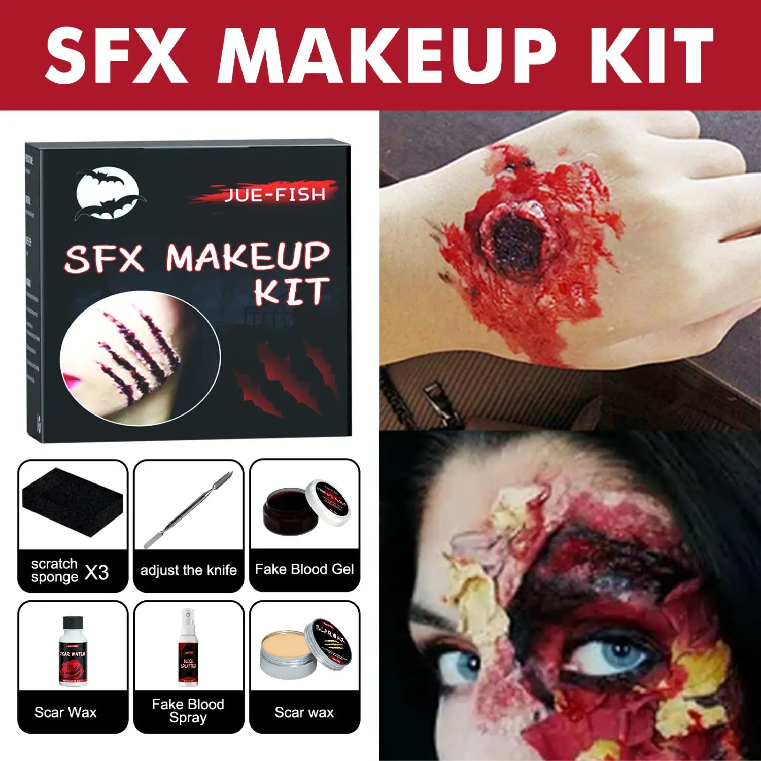 black and red sfx halloween makeup kit featuring scar wax fake blood gel scratch sponge adjust the knife and spray for cosplay and special effects.