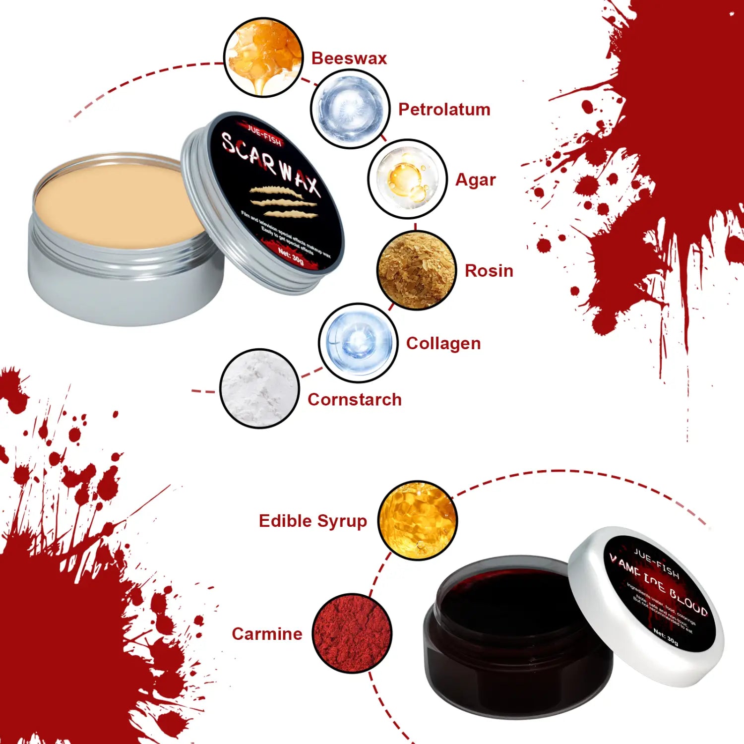silver and black labeled jar of beige scar wax and separate dark red jar of deep crimson vampire blood shown as part of sfx halloween makeup kit with scar wax and fake blood