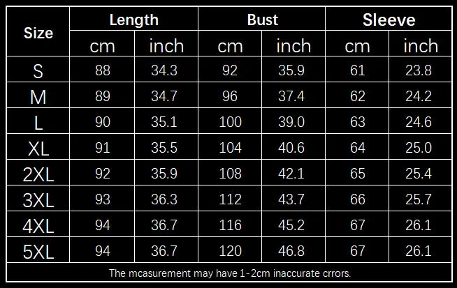 The table displays size measurements in centimeters and inches for a men woolen trench coat slim business overcoat, including length, bust, and sleeve dimensions from size S to 5XL.